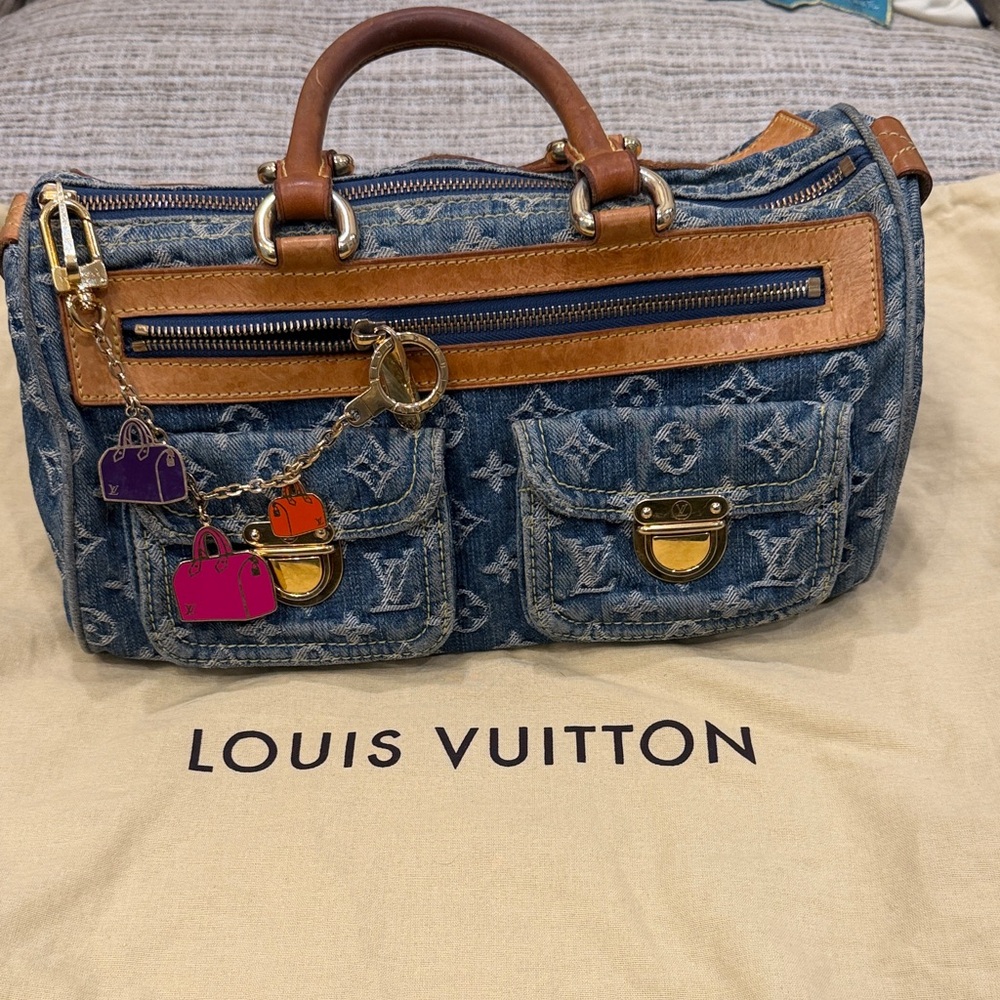 Louis Vuitton Denim Neo Speedy With LV Gold Bag Charm Authentic
